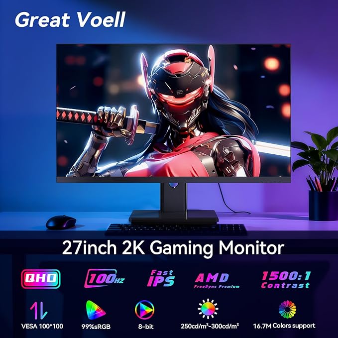 27 Inch QHD 2560x1440 IPS Computer Monitor, 100Hz, 2k Gaming Monitor, FreeSync, HDR10,HDMI,DP, USB VESA (100 x 100mm)