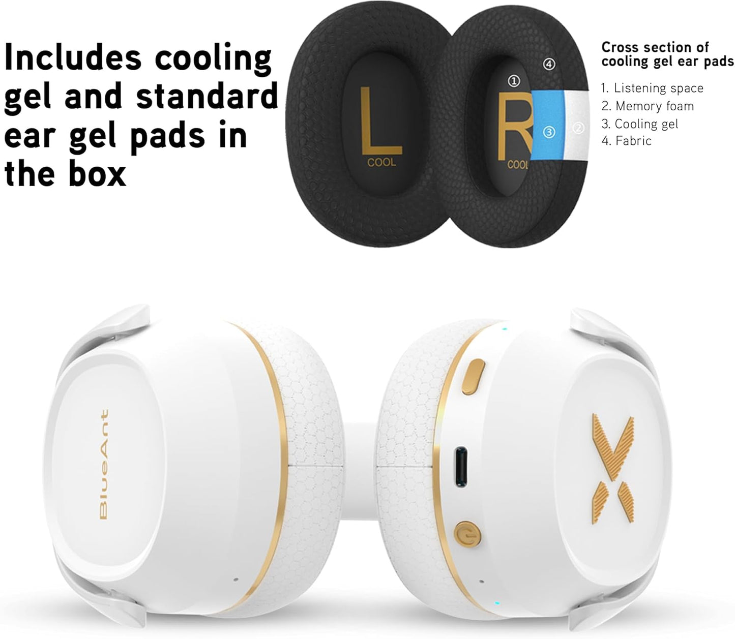 BlueAnt Pump X - The Gym Headphones | Sports Headphones | Cushioned & Cooling Ear Pads | (ANC) Active Noise Cancelling/Advanced Transparency | Wireless | Up to 58hr Play Time (Black | Gold)