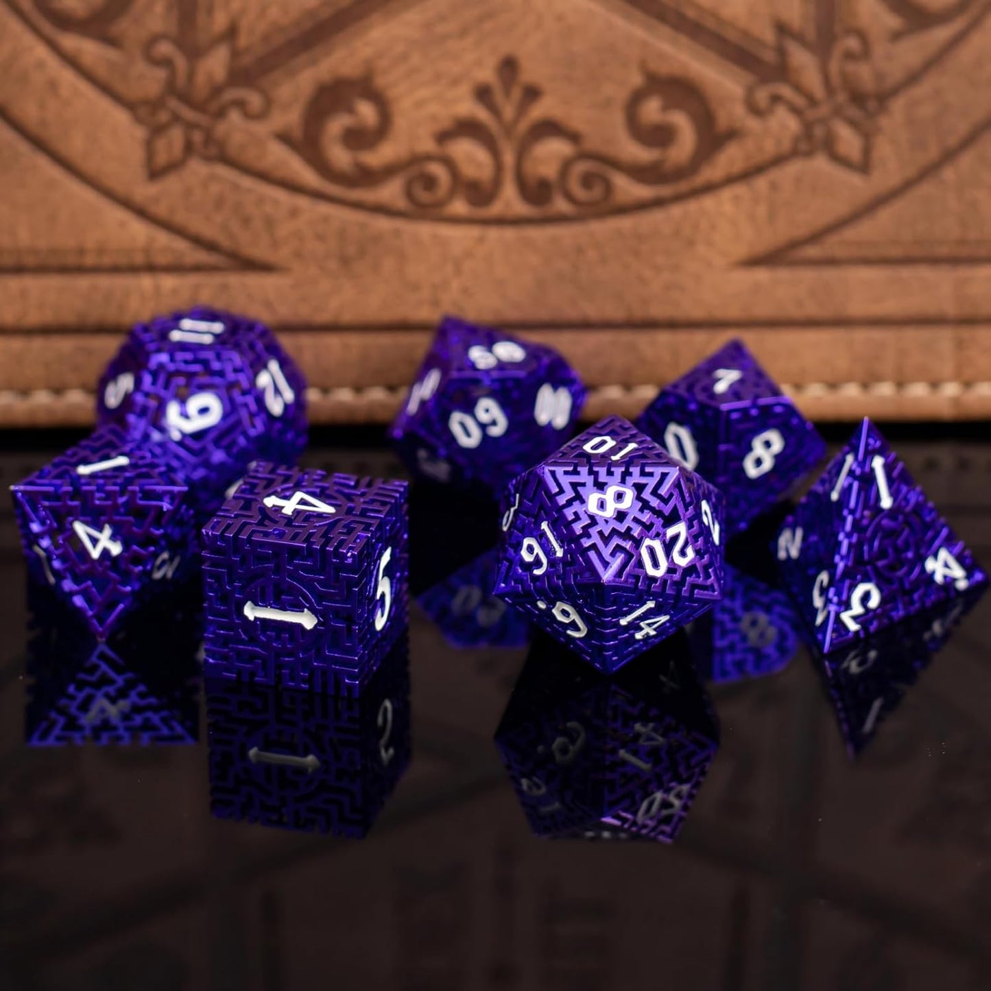 Purple Metal Hollow DND Dice Set (Warlock) Metallic Luster Maze Design with Storage Box - Balanced Weight 7 Piece Zinc Alloy, Designed for Dungeons and Dragons DM Player RPG Accessories