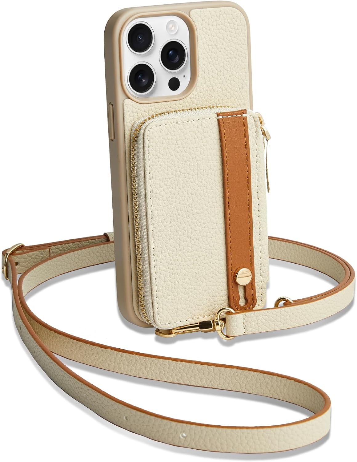 LAMEEKU for iPhone 15 Pro Wallet Case with Credit Card Holder, Zipper Leather Crossbody Case with Phone Grip Holder Stand Wrist Strap Lanyard for Women for Apple iPhone 15 Pro 6.1 inch Beige