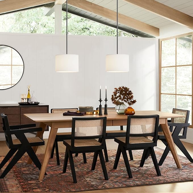 Electro bp;9" Dia White Linen Drum Shade Hanging Pendant Light Fixture with Black Pole Kit,E26,Hardwired,2-Pack;