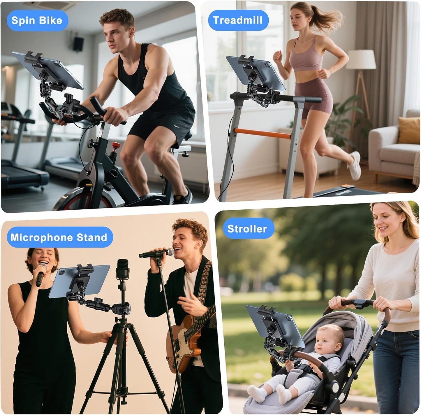 PLDHPRO Tablet Mic Music Holder for iPad Clamp Mount Stand, Microphone Tripod Treadmill Stroller Spin Bike Exercise Handlebar Accessories Compatible iPhone iPad Galaxy Tab 5.1-15.6'' Phones Tablets