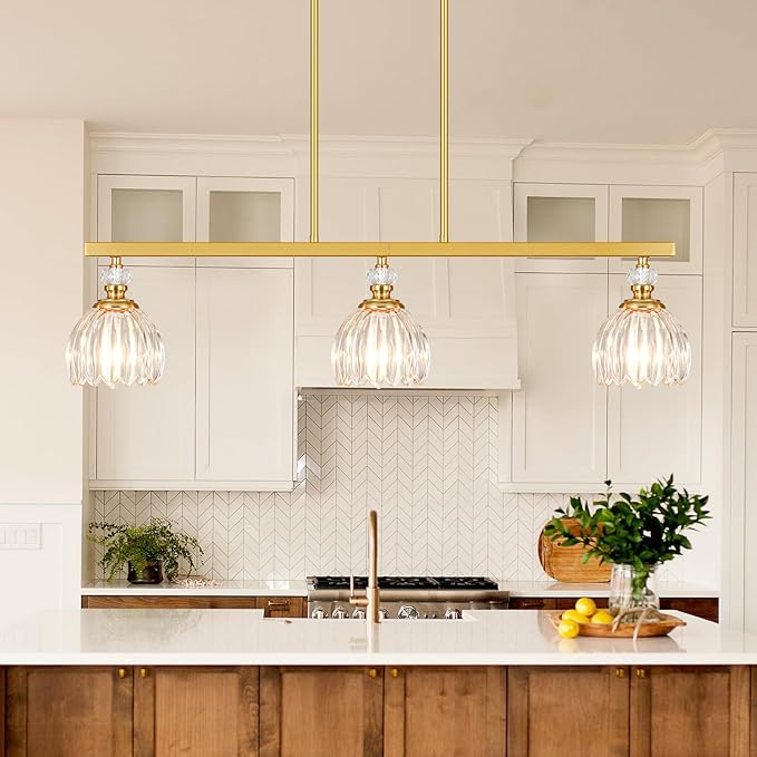 Gold Island Light for Kitchen, 3-Light Linear Chandelier for Kitchen Island with Tulip Glass Shades, Brushed Gold Finish Hanging Light Pendant Fixture Over Dining Table