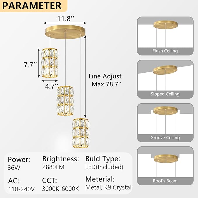 3-Lights Modern Crystal Pendant Lights for Kitchen Island LED Dimmable Glam Pendant Lighting Chandelier for Dining Room Hallway Corner Lamp Gold