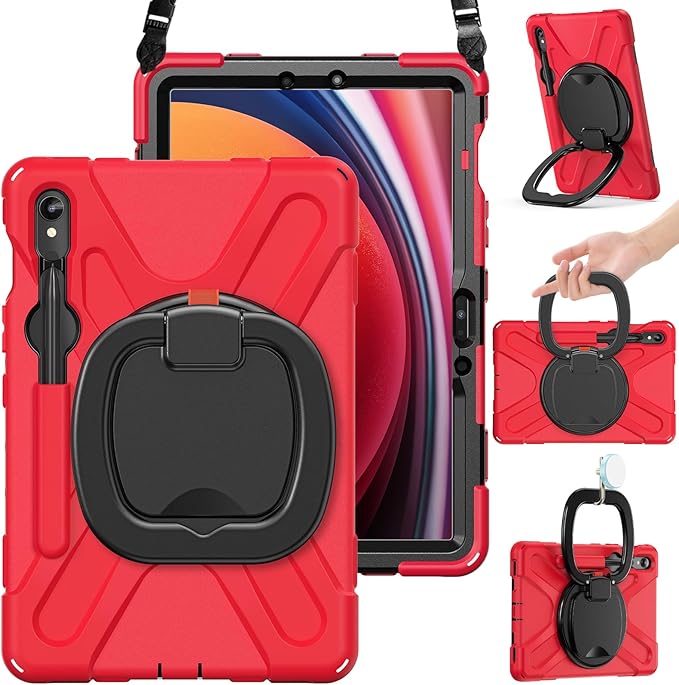 BRAECN Case for Samsung Galaxy Tab S10 Lite/S10 FE 2025 & S9 FE/S9/S8/S7 10.9/11 Inch | Heavy Duty Protective Silicone Cover with Kickstand, Shoulder Strap & S Pen Holder Support S Pen Charging, Red