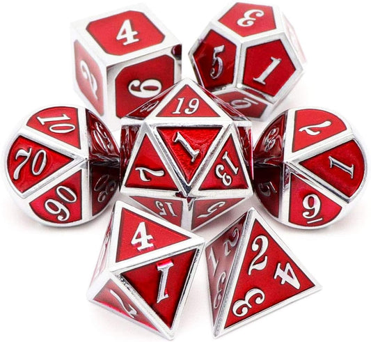 Haxtec Metal Dice Set D&D Red Silver DND Dice Set for Dungeons and Dragons RPG Games Leather Dice Bag DND Gifts-Glossy Enamel Dice (Silver Red)