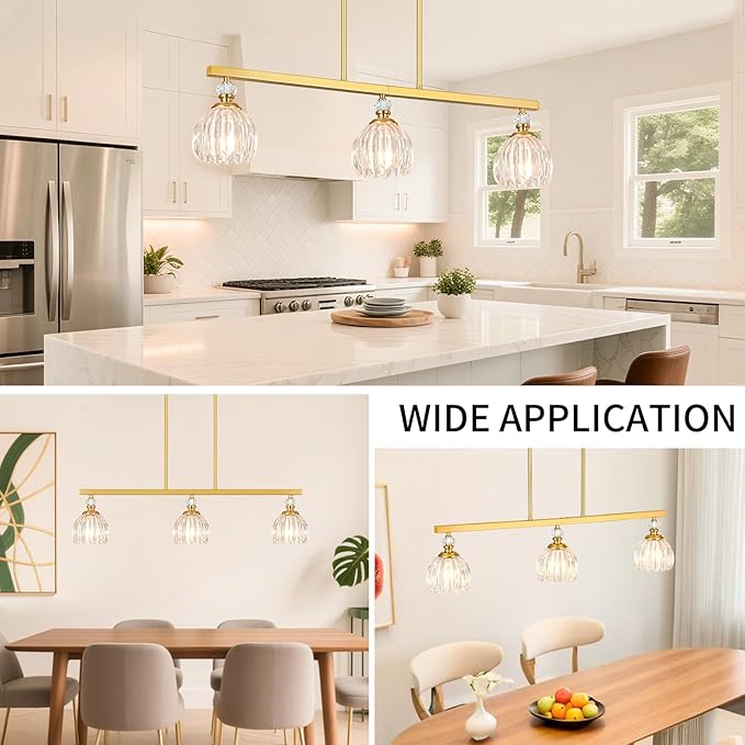 Gold Island Light for Kitchen, 3-Light Linear Chandelier for Kitchen Island with Tulip Glass Shades, Brushed Gold Finish Hanging Light Pendant Fixture Over Dining Table