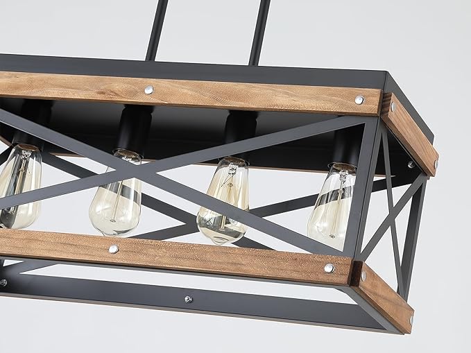 Rustic Farmhouse Wood Kitchen Island Lighting, 4 Lights Rectangular Pendant Light Fixture, Adjustable Chain Oak Wood and Metal Linear Chandelier for Dining Room Kitchen Island Farmhouse, Black