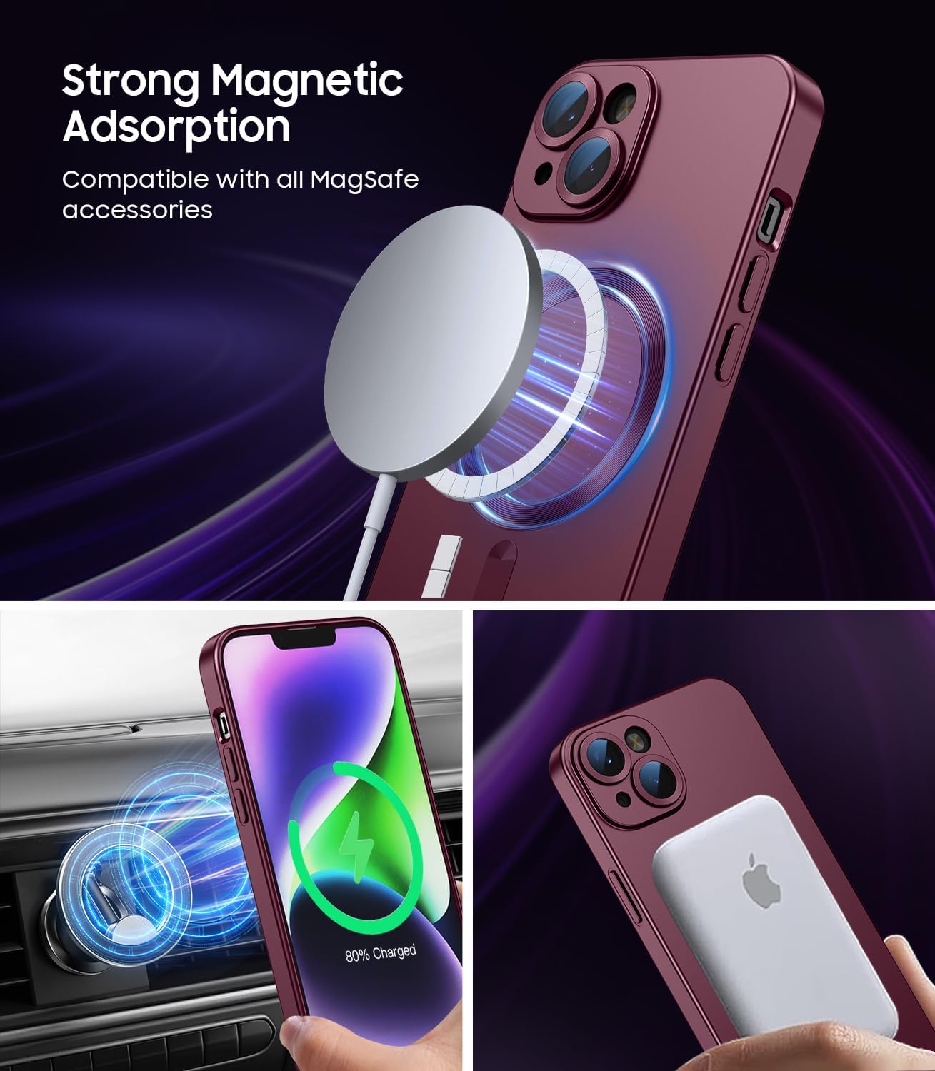 Magnetic for iPhone 14 Case [Compatible with MagSafe][Built-in Camera Lens Protector] Slim Soft Silicone Bumper Shockproof Metallic Luster Phone Case (Burgundy)