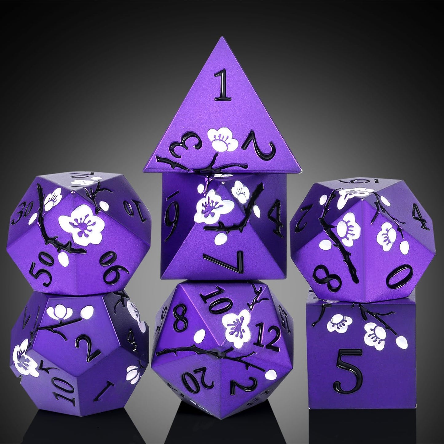 Matt Purple D&D Metal Dice, DNDND 7 PCS Heavy Metallic DND Dice Set with Gorgeous Gift Case for Dungeons and Dragon Tabletop Game (Matte Purple with White Flowers)