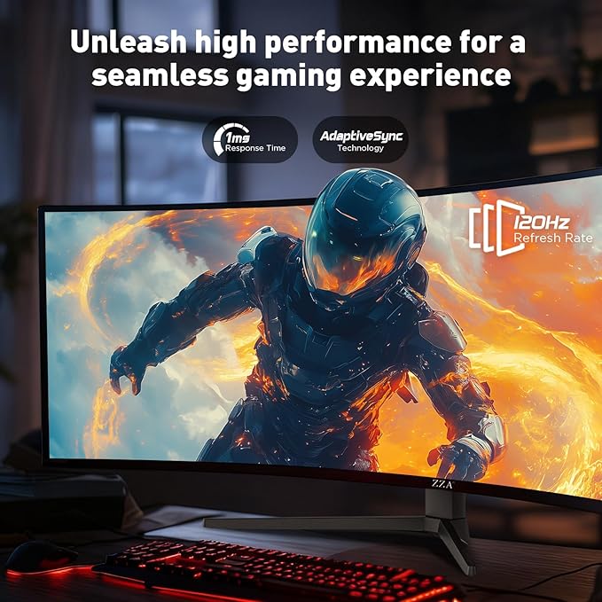 ZZA 49 Inch Ultrawide Curved Gaming Monitor, 120Hz, DQHD 5120x1440P, 1500R, Ultra-Wide 32:9 Screen, 1ms MPRT, HDR, FreeSync G-Sync Compatible, VESA Compatible, Height/Tilt Adjustable