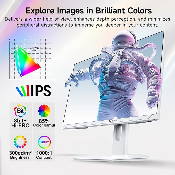 Gawfolk 27 Inch 4K Gaming Monitor 160Hz, White PC Computer Monitors UHD 3840 x 2160p, IPS Screen for Home & Office, Freesync, DP 1.4, HDMI 2.1, Eye Care, Wall Mount Compatible