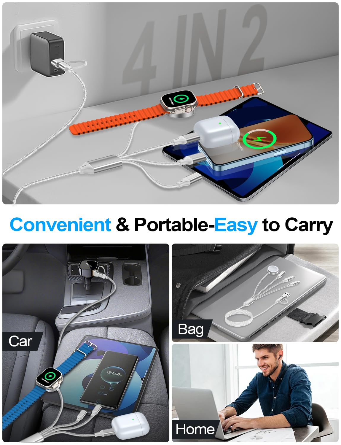 4-in-2 Multi Charging Cable for Apple Watch Charger/Samsung/iPhone Charger,Car/Office/Camping/Travel Essentials,Type C Cable Cord for iWatch Ultra/10-2/iPhone 16-11/Samsung S25-S20,iPad,airPods-White