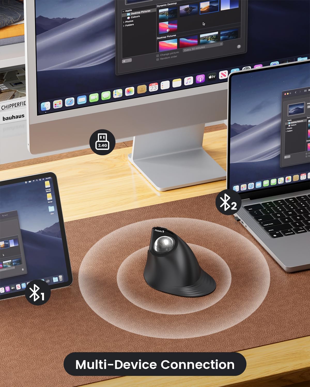 ProtoArc Vertical Wireless Trackball Mouse, EM05 NL Bluetooth Ergonomic Rollerball Mouse Rechargeable Computer Laptop Thumb Mice, 3 Device Connection, Compatible with iPad, Mac, Windows, PC-Silver
