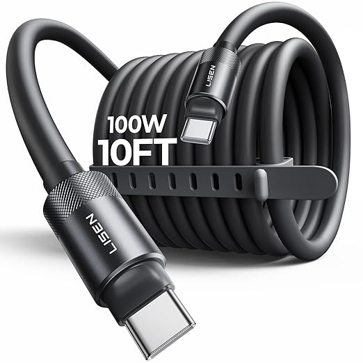 LISEN USB C Cable Charger Type C (10FT,100W) Soft Silicone USBC to USBC for Switch 2 iPhone 16 Pro Max Charger Cord, iPhone 15, MacBook Pro/Air, iPad Pro/Air, Samsung S25, Black