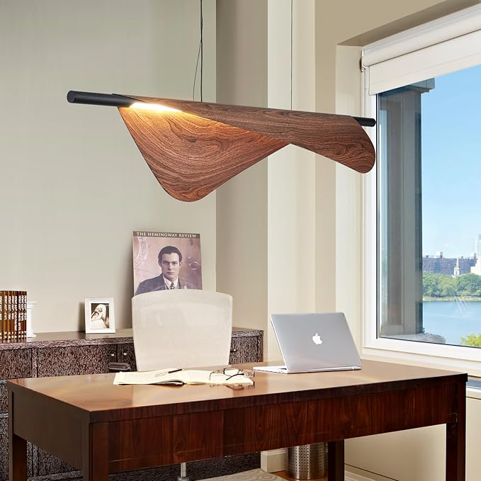 Walnut Pendant Lights 47.2In Dimmable Wood Grain Linear Chandeliers Over Table for Dining Room Kitchen Island