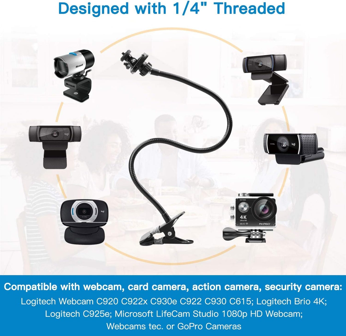 Pipishell 25 Inch Webcam Stand, Flexible Desk Mount Clamp Gooseneck Stand for Logitech Webcam C960 C930e C930 C920 C920S C922x C922 Brio 4K C925e C615 and Other Devices with 1/4" Thread-PIWS01