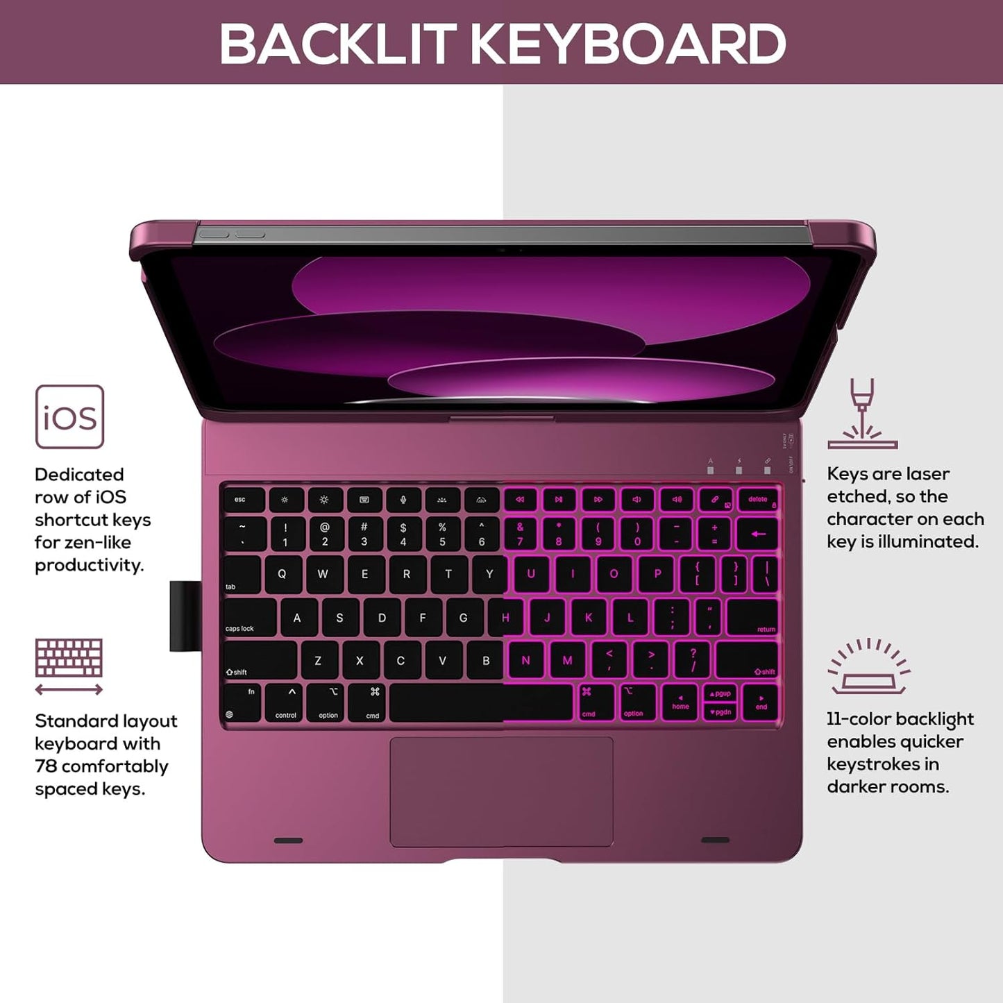 typecase Touch iPad 10th Generation Case with Keyboard (10.9", 2022), Multi-Touch Trackpad, 10 Color Backlight, 360° Rotatable, Thin & Light for Apple iPad 10th Gen 10.9 (Raspberry)