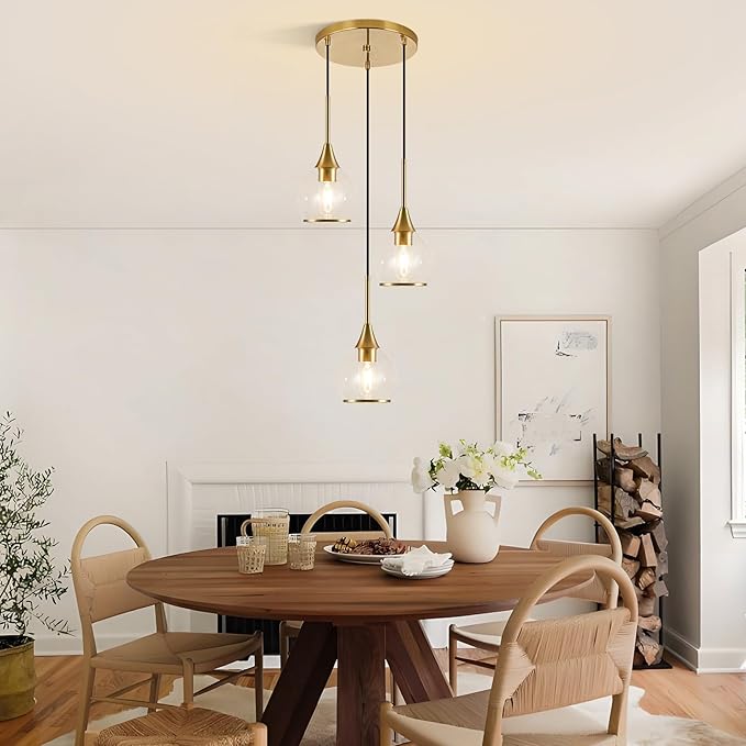 3-Light Island Light for Kitchen, Gold Kitchen Island Hanging Pendant Light, Brushed Gold Dining Room Light Fixture Over Table with Clear Round Glass Shades