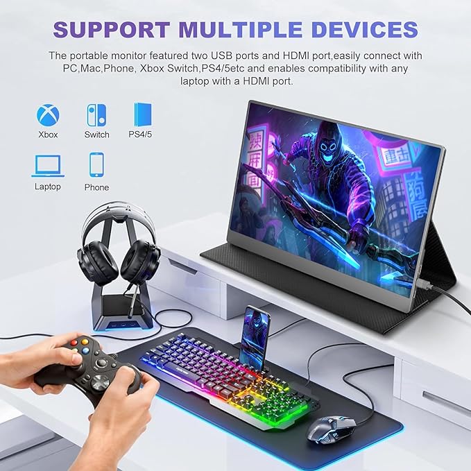 Portable Monitor 18.5 Inch IPS Display, FHD 1080p 100Hz 100% sRGB Laptop Screen Extender, HDR HDMI USB-C VESA Travel Monitor for Laptop PC Mac Phone, PS4/5, Xbox, Switch