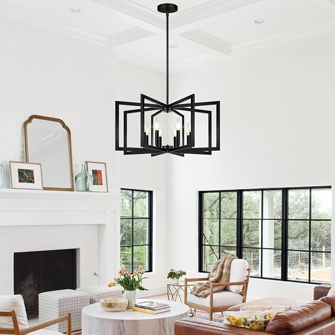 28" Modern Matte Black Chandelier for Dining Room, No Assembly Required Black Dining Room Light Fixture Over Table, Industrial Metal Hanging Pendant Lights Fixture for Kitchen Island, Entryway, Foyer
