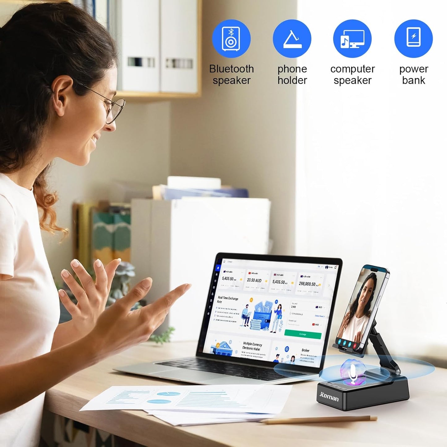 JTEMAN Gifts for Men Women,Adjustable Cell Phone Stand with Bluetooth Speaker and Charging Function,Cool Tech Gadgets Gift Idea for Dad Mom Birthday