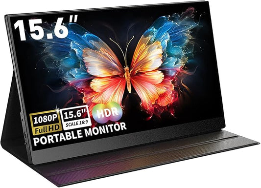 Portable Monitor 15.6" 1080P FHD USB-C HDMI Computer Display with Smart Cover and Dual Speakers, Travel Monitor for Laptop Mac PC Phone PS4/5 Xbox Switch