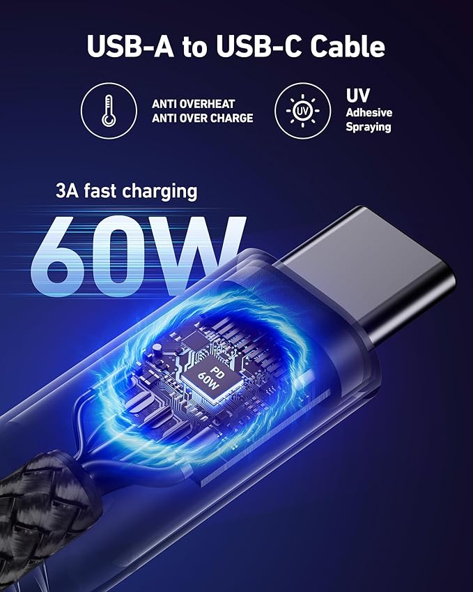 USB to USB C Cable 60W Fast Charging [2 Pack 3FT], USB A to USB C Cable for CarPlay, Durable Braided USB Type C iPhone Charger USBC Cord for iPhone 17/16/15/Pro Max, Samsung Galaxy S23 and More-Black