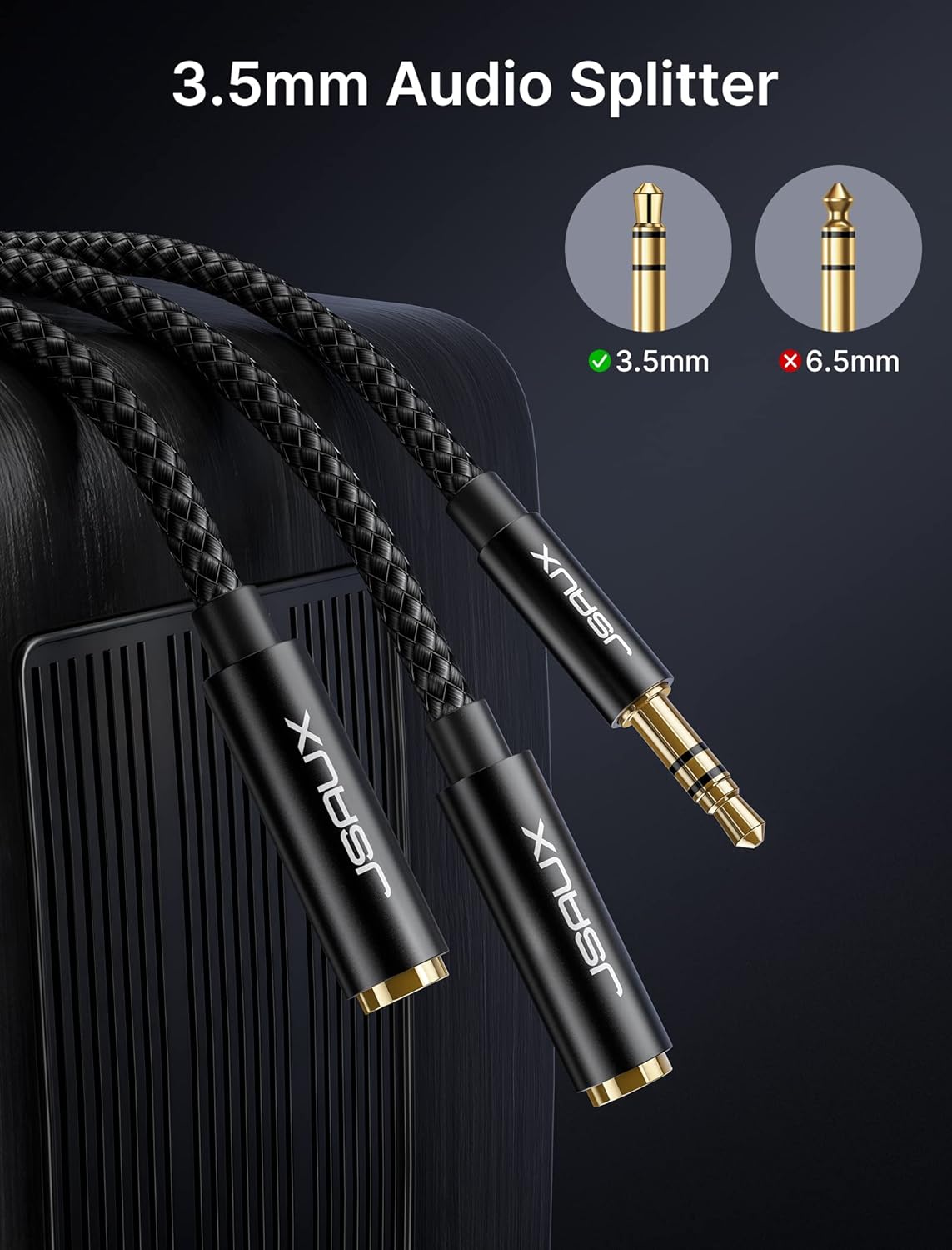JSAUX Headphone Splitter 4ft, Audio Splitter 3.5mm Male TRS to 2 Dual 3.5mm Female Adapter Nylon-Braided for iPhone, Samsung, Tablets, Laptop, PlayStation and More [Black]