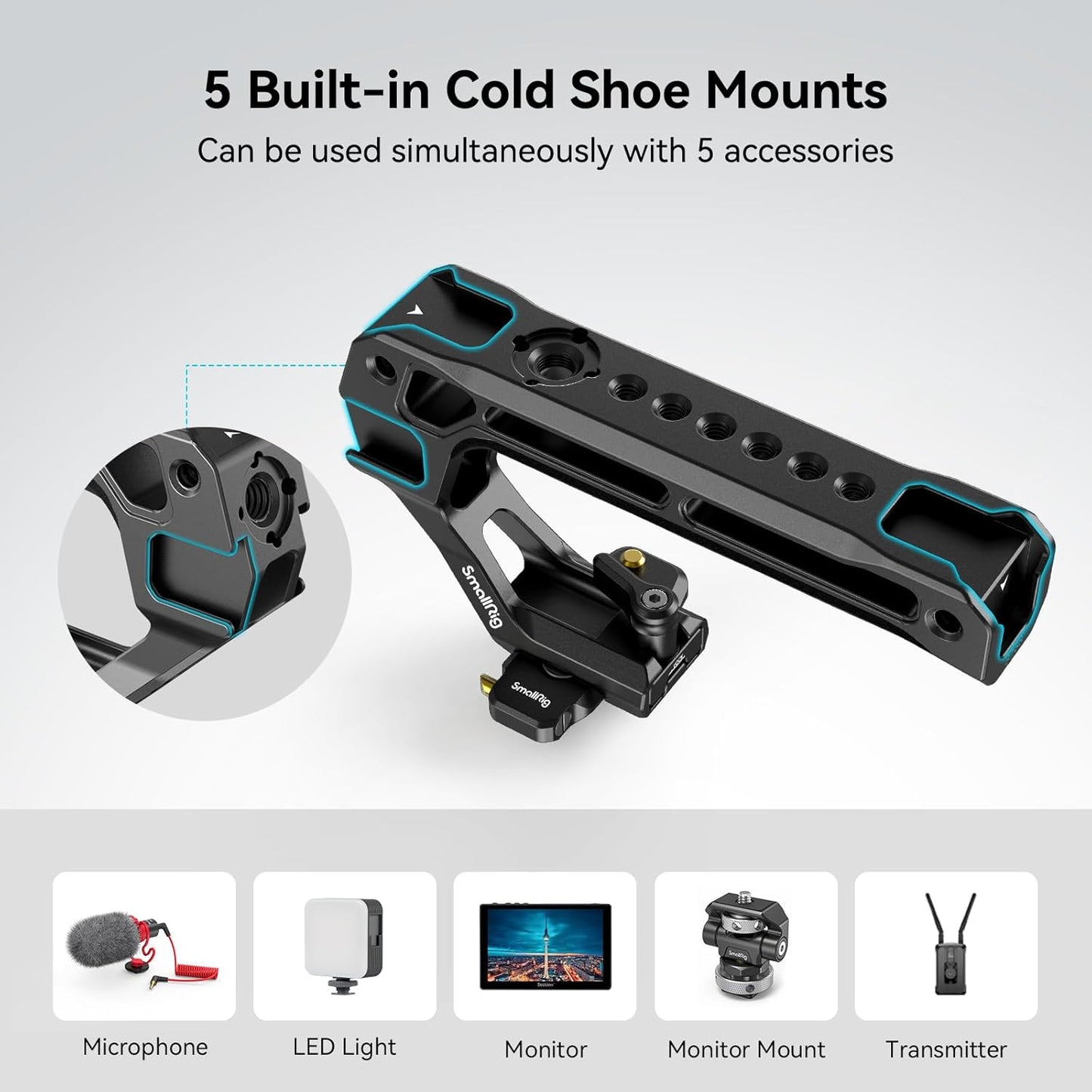 SMALLRIG Lightweight NATO Top Handle, Quick Release NATO Grip w/NATO Rail for DSLR Camera Cage, Universal Top Handle with 5 Cold Shoe Adapters - 4345 Black