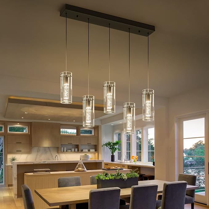 Black Pendant Lights, Modern Pendant Light Kitchen Island Pendant Light Fixtures, Modern Island Light with Bubble for Kitchen, Dimmable Kitchen Chandelier Light Fixture (25W, 5-Light)