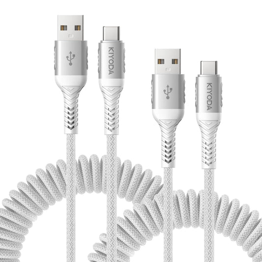 Coiled USB to USB C Cable for Car 3FT/6FT, USBC Cables Fast Charging Braided USB-A to USB-C Phone Charger Cord USB Type C Cable for iPhone 17 16 15 Pro Max, Samsung Galaxy S24 S23-2Pack Silver