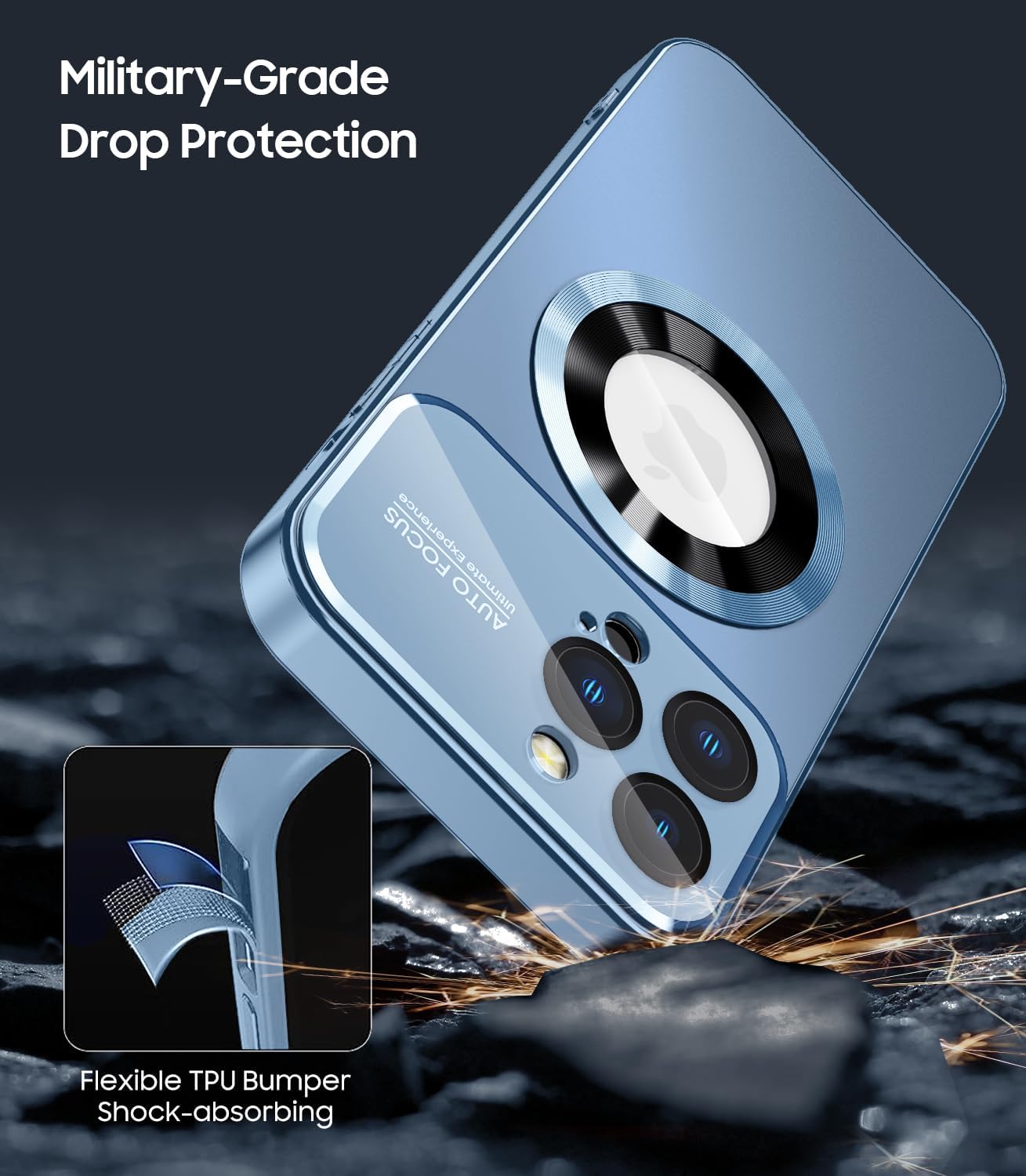 Magnetic for iPhone 12 Pro Case, Compatible with MagSafe, Built-in Camera Lens Protector, Logo View, Military Grade Drop Proof Phone Case Cover, Sierra Blue