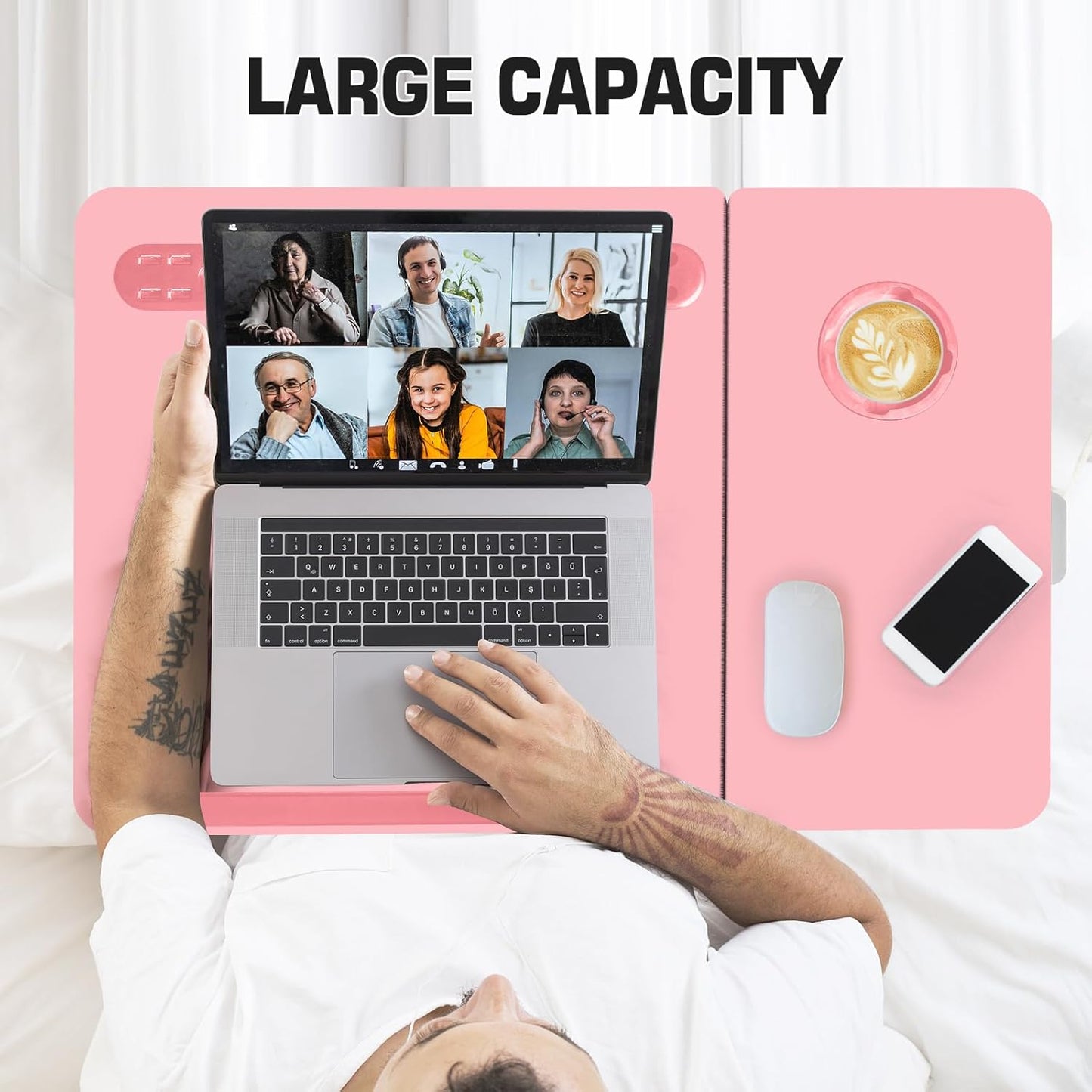 CloudTrip Plus XL Adjustable 17in Laptop Desk with Light, USB Port, iPad Holder, Drawer Storage - Larger 23.6IN Adjustable Lap Desk for Bed, Home Office, Breakfast Tray, Fordable Legs Desk (Pink)