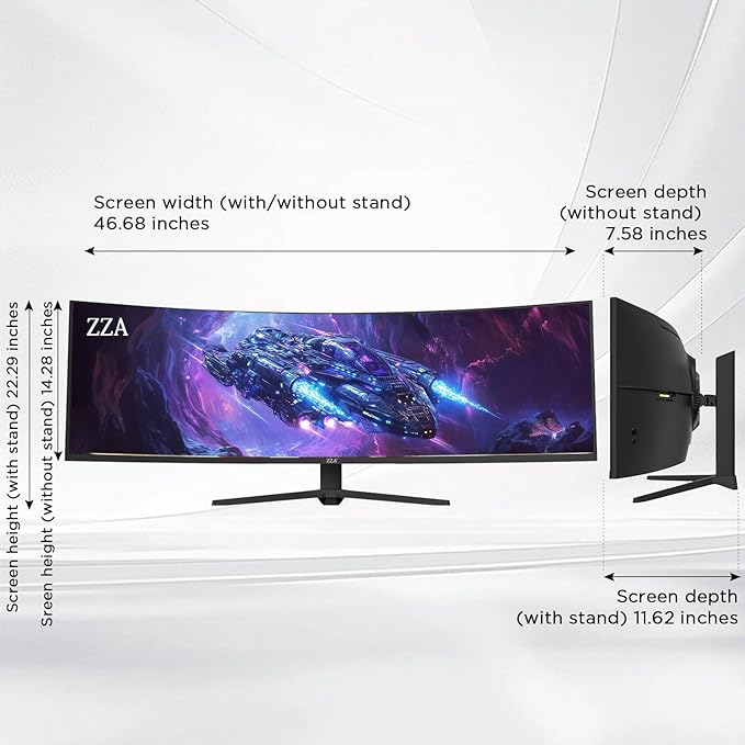 ZZA 49 Inch Ultrawide Curved Gaming Monitor, 165Hz, DQHD 5120x1440P, 1500R, Ultra-Wide 32:9 Screen, HDMI 2.0&DP1.4, 1ms MPRT, HDR, FreeSync G-Sync Compatible, VESA Compatible, Height/Tilt Adjustable