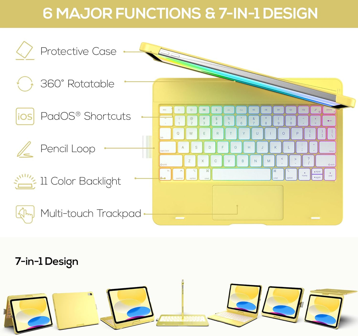 typecase Touch iPad 10th Generation Case with Keyboard (10.9", 2022) and iPad A16 (11th Gen, 2025) – 360° Rotatable, 11-Color Backlit, Multi-Touch Trackpad, Thin & Light (Yellow)
