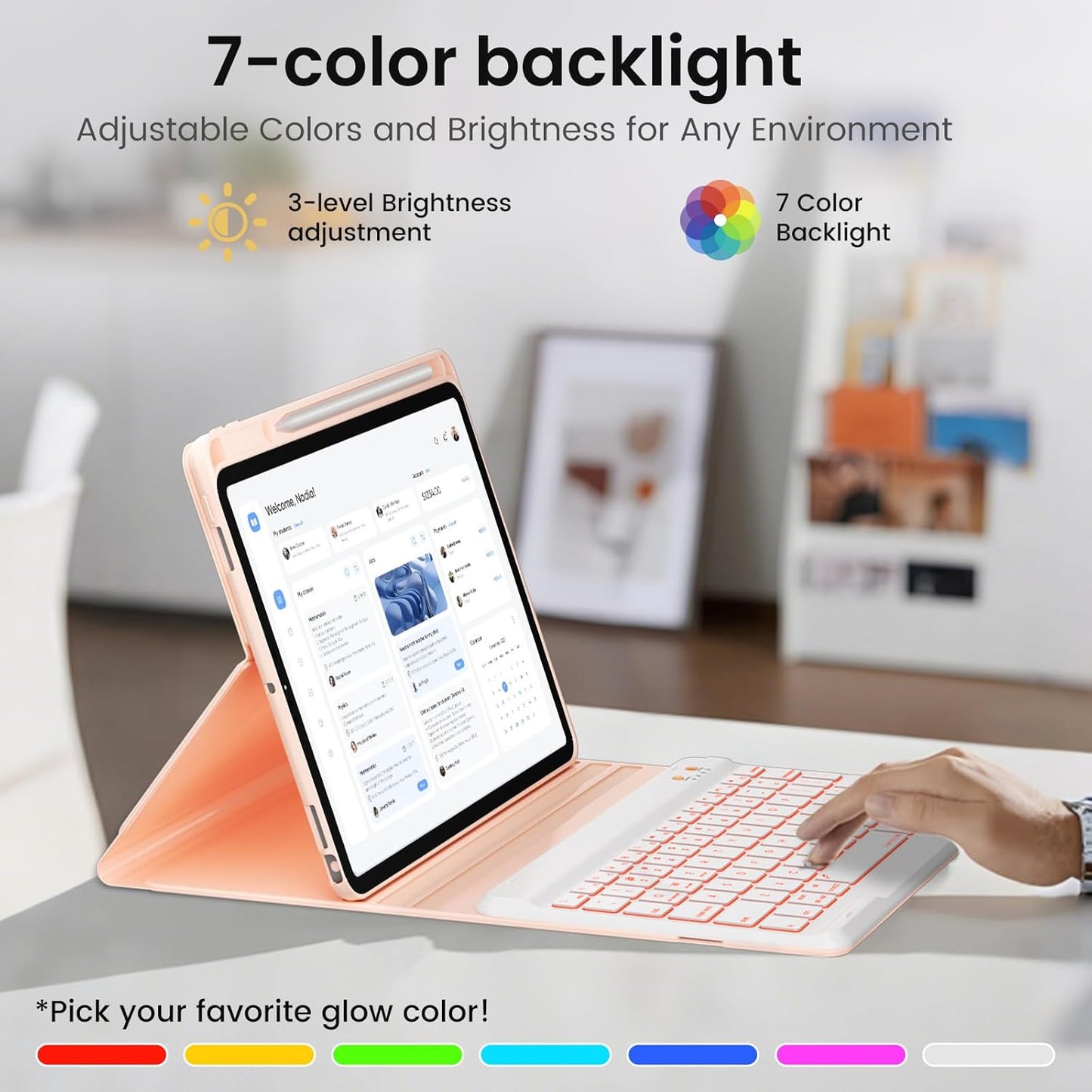 BLUTLOTUS for iPad 11th A16 10th Generation Case with Keyboard - 7 Colors Backlit Wireless Detachable Folio Keyboard Cover with Pencil Holder for iPad 11'' A16 2025 10th Gen 10.9 Inch 2022 (Pink)