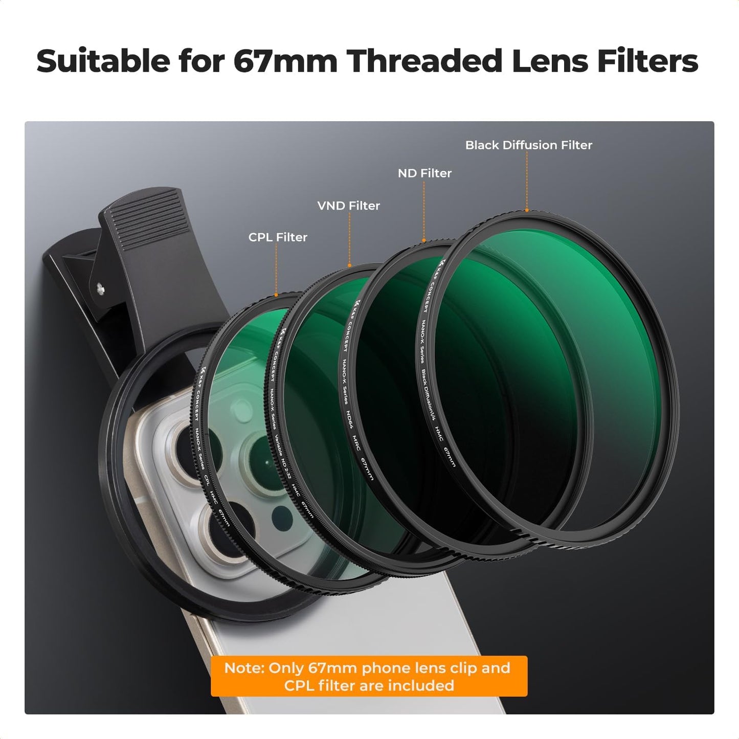 K&F Concept 67mm Clip-on CPL Phone Camera Lens Filter Kit, Circular Polarizer Polarizing Filter Compatible with iPhone 16 15 14 13 12 11