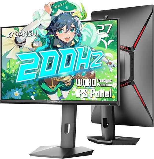 SANSUI Gaming Monitor 27" 1440P 200Hz 180Hz WQHD 2560×1440-AMD FreeSync 1ms DCI-P3 95% Fast IPS Computer Monitor,Height Adjustable Vertical/Horizontal Rotating, 2×DisplayPort/HDMI 丨HDR丨Low Motion Blur