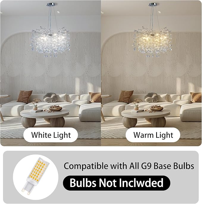 Modern Crystal Chandelier, 23.6" Silver Tree Branch Chandelier, 8-Lights Round Contemporary Luxury Raindrop K9 Crystal Pendant Light Fixture for Dining Room Living Room Foyer Entryway Bedroom Kitchen