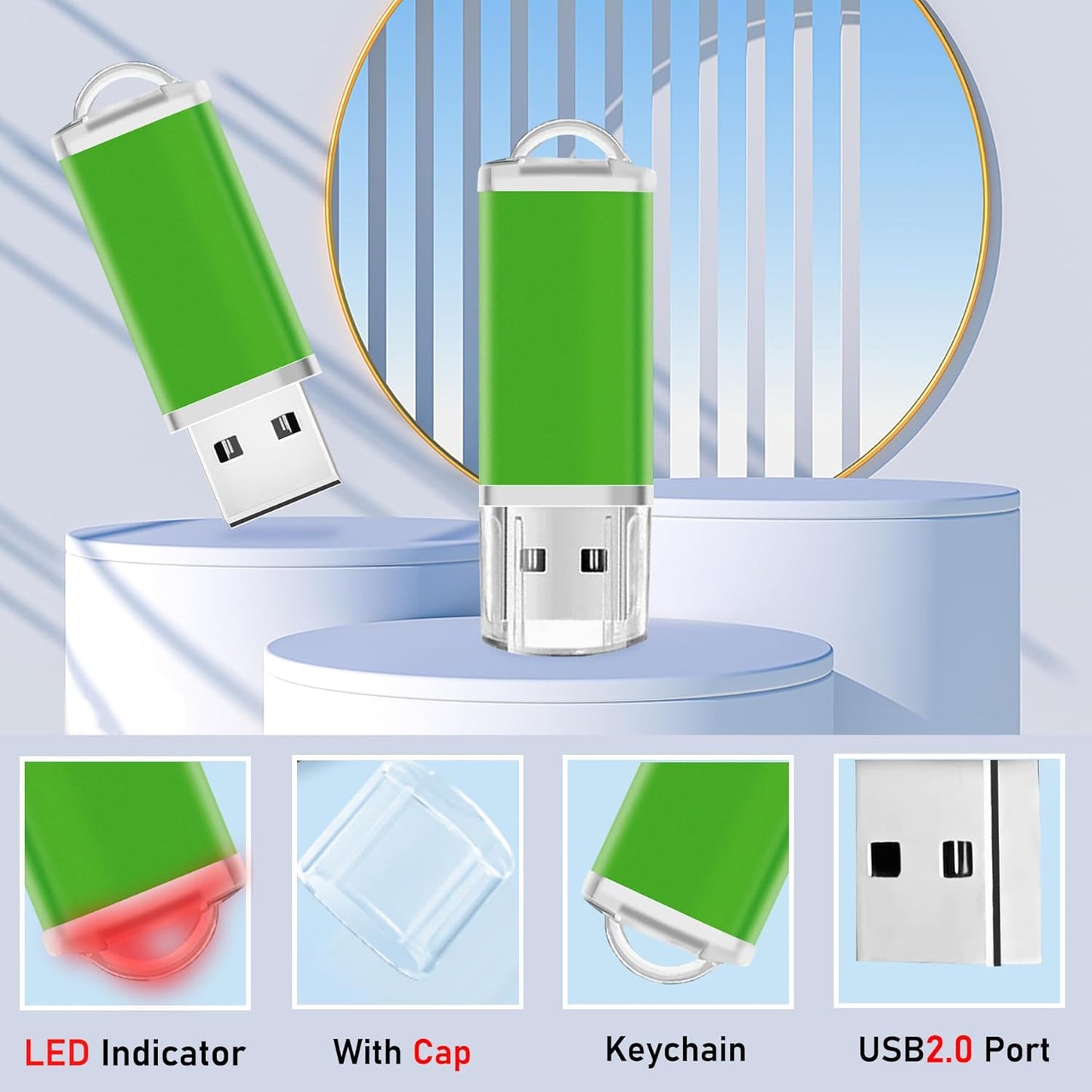Memorias USB 2GB Flash Drive 50 Pack, USB 2.0 Thumb Drives Bulk Memory Sticks 2GB Fat USB Flash Drives Bulk Jump Drives Multipack Pack of 50 with Lanyard(Green 50 Packs 2 GB)
