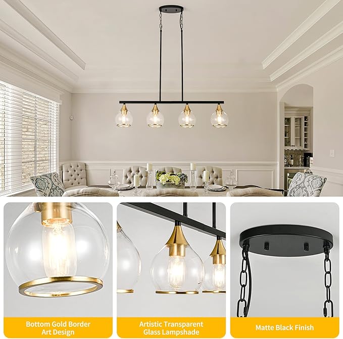 Island Light for Kitchen, 4-Light Black and Gold Kitchen Island Farmhouse Linear Hanging Pendant Chandeliers, Matte Black Dining Room Light Fixture Over Table with Clear Round Glass Shades