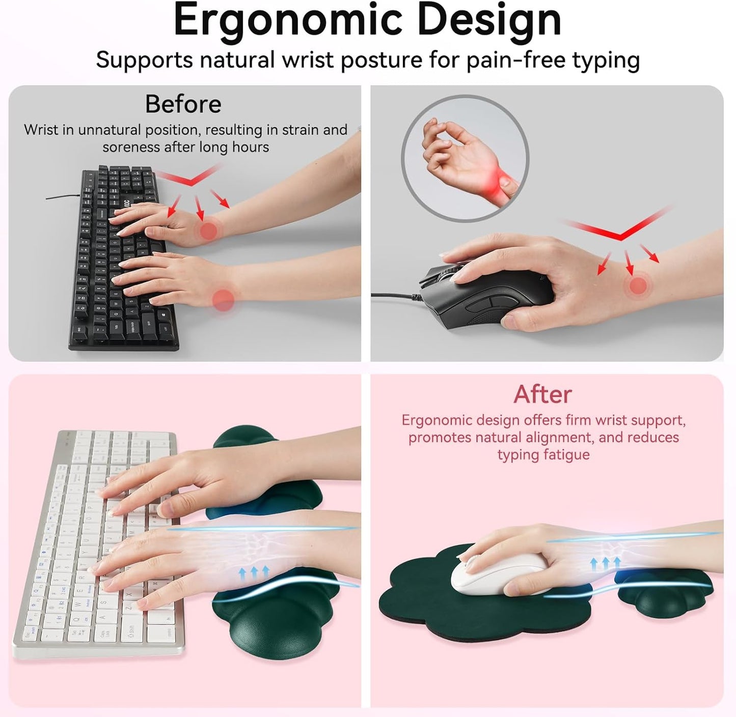 Cloud Wrist Rest for Computer Keyboard, 4-in-1 Memory Foam Leather Cloud Keyboard Wrist Rest and Mouse Pad Set with Ergonomic Support for Arm and Palm Cushion, Gaming/Work Setup, Dark Green