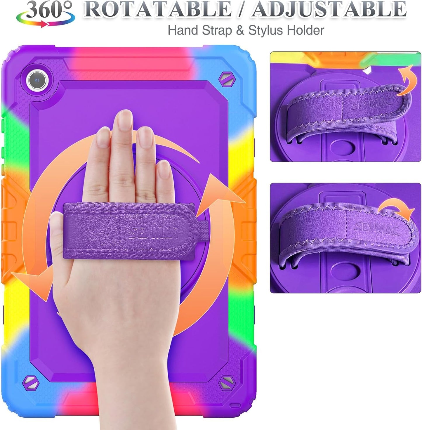 SEYMAC stock Case for Samsung Galaxy Tab A9+ Plus 11'', Full-Body Drop Protection Case with Screen Protector Pencil Holder [360° Rotating Hand Strap] &Stand, Purple+Colorful