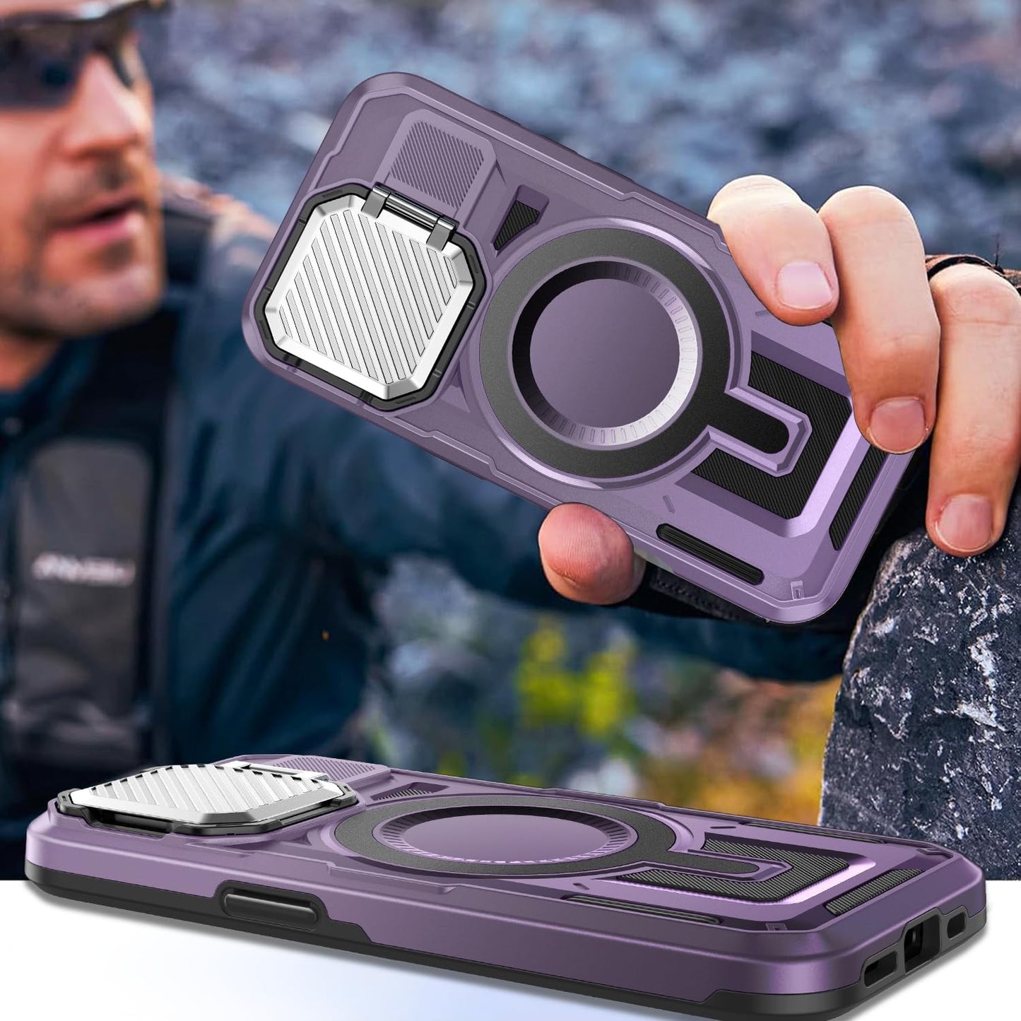 Camera Stand Case for iPhone 14 Plus, [Compatible with Mag Safe] [Lens Cover] 2024 Version Military Grade Protective Soft Case for iPhone 14 Plus 6.7 inch Men Women, Purple