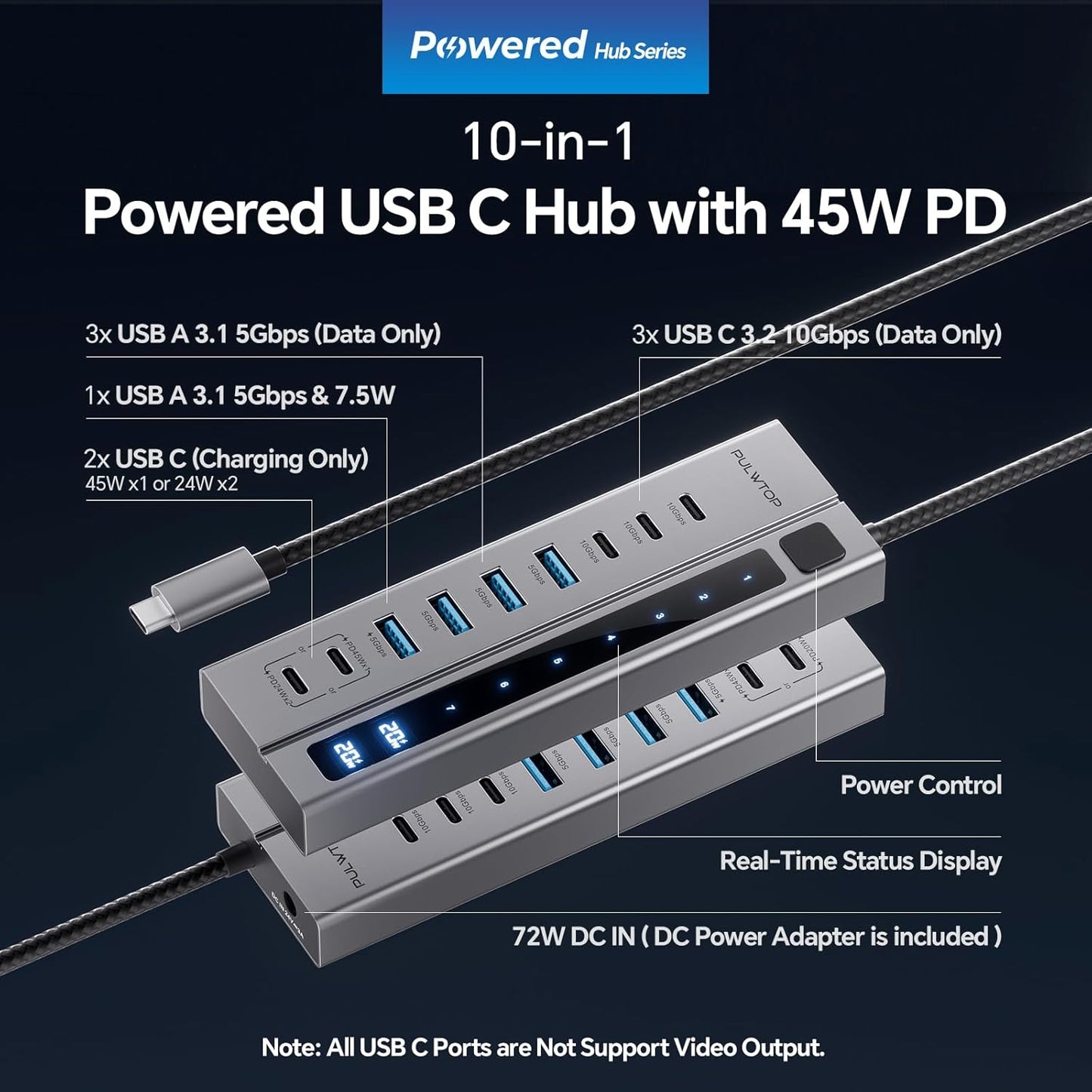 Powered USB C Hub, PULWTOP 11-in-1 Power Hub with SD/TF, 2*USB-C 10Gbps, 4*USB-A 5/10Gbps and 2 * 24/45W Type-C PD Charging Ports (Not Support Video), USB Powered Hub 72W DC Adapter Included
