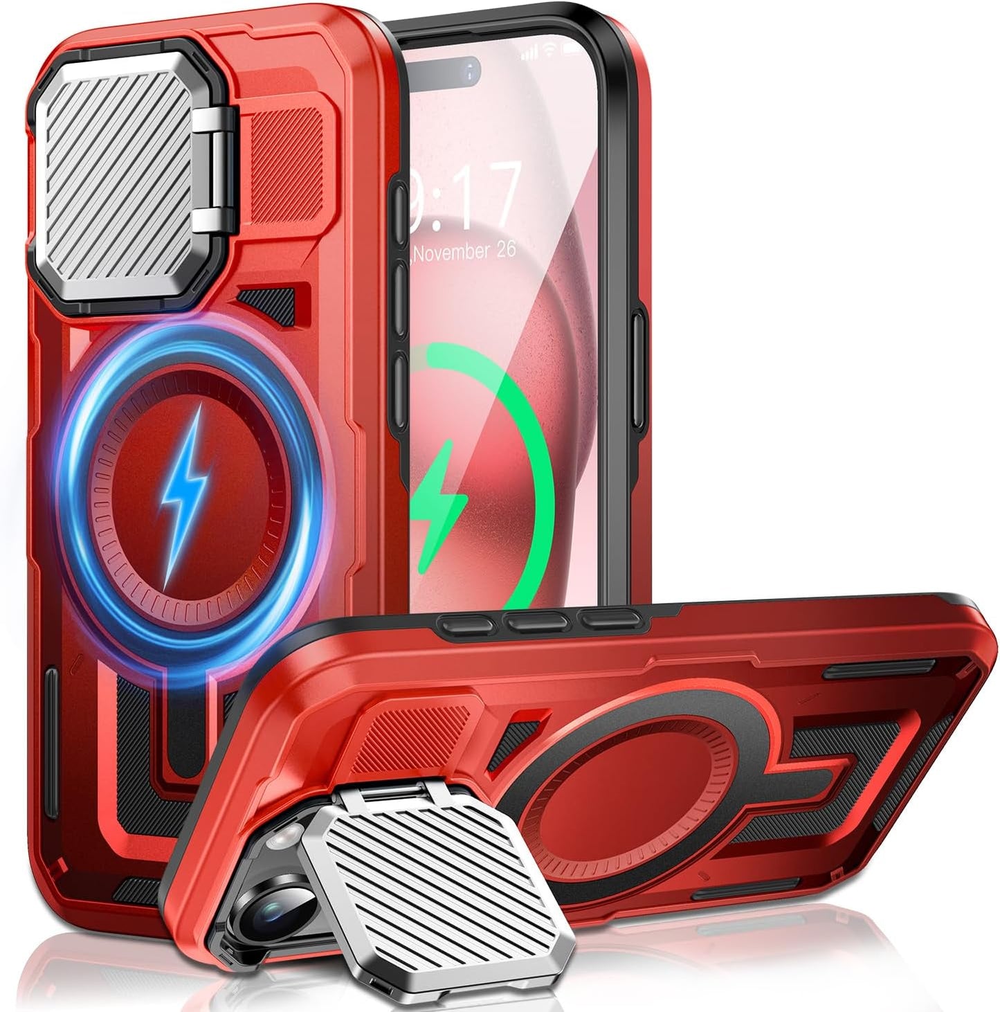 Camera Stand Case for iPhone 15 Plus, [Compatible with Mag Safe] [Lens Cover] 2024 Version Military Grade Protective Soft Case for iPhone 15 Plus 6.7 inch Men Women, Red