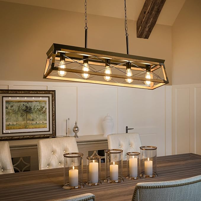 Airposta Farmhouse Rustic Wood Chandelier, 5 Lights Metal Rectangle Dining Room Swag Lighting, Kitchen Island Industrial Linear Cage Pendant Light Fixtures Hanging Lamp