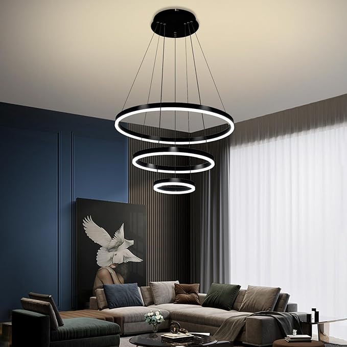 Viruhaka Modern LED Pendant Light, Black Circular Chandelier Fixture, Adjustable Height Circular Entrance Pendant Light, Suitable for Restaurants, Kitchens, Islands, Living Rooms, Cafes, Etc. (4000K)