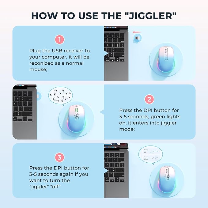 PEIOUS Wireless Mouse Jiggler - LED Wireless Mice with Build-in Mouse Mover, Rechargeable Moving Mouse for Laptop with Undetectable Random Movement Keeps Computers Awake - Blue to Pink